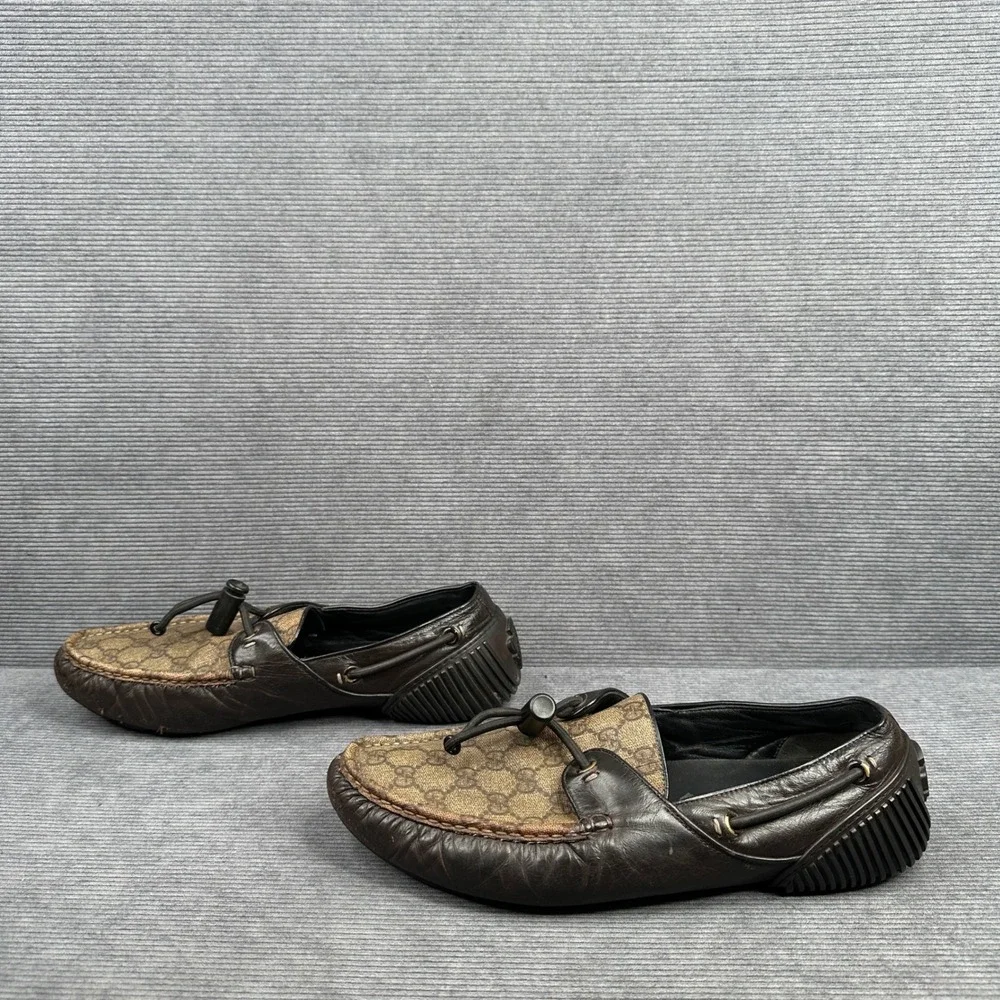 Gucci Mens Brown Leather GG Supreme Monogram Toggle Driving Loafers